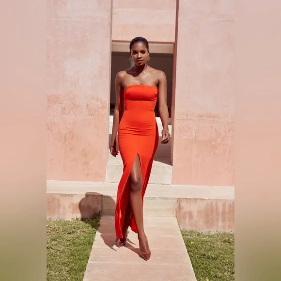 House of CB Holly Orange Slit Front Strapless Maxi Size Medium